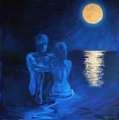 a painting of two people sitting in the water at night