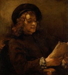 a painting of a woman holding a book in her right hand and wearing a hat