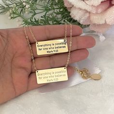 This elegant necklace features a powerful message of faith and inspiration. The pendant is engraved with the Bible verse from Mark 9:23: "Everything is possible for one who believes." The verse reminds us that with faith in God, we can overcome any obstacle and achieve our dreams. The pendant is made of high-quality 18K Gold Plated. This makes it a perfect gift for yourself or a loved one who needs a reminder of the power of faith. Wear it as a daily reminder of the limitless possibilities that come with belief in God's love and grace. This Bible verse necklace is not only a beautiful accessory but also a meaningful statement of your Christian faith. 💗 ITEM DETAILS: Total Length: 16 - 17 - 18 - 19 - 20 inches. The length of the necklace refers to the total length from end to end. Pendant Mark 9 23, Verse Necklace, Christian Mom Gifts, Bible Verse Jewelry, Bible Verse Necklace, Scripture Jewelry, Necklace Christian, Belief In God, Tout Est Possible