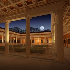 an empty courtyard at night with the moon in the sky and columns on either side