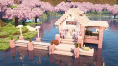 Cherry Blossom Horse Stables Minecraft, Cherry Blossom Fishing Dock Minecraft, Minecraft Building Ideas Aquarium, Cherry Blossom Dock Minecraft, Fishing Pier Minecraft, Cherry Blossom Pond Minecraft, Minecraft Fishing House, Cherry Minecraft Builds, Cherry Blossom Minecraft Build