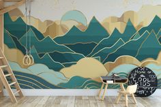 a room with a mountain mural on the wall and wooden ladders in front of it