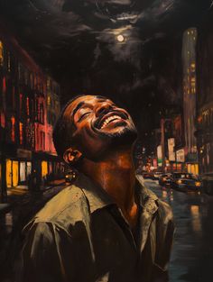 an oil painting of a man laughing in the city at night with his eyes closed