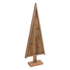 a wooden christmas tree on a stand against a white background in the shape of a triangle