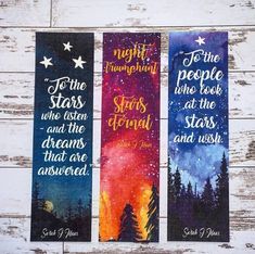 three bookmarks with the words to the stars who look at the stars that are answered