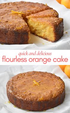 an orange cake is cut into slices and placed on top of each other with the words, quick and delicious flourless orange cake