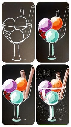 four different pictures of an ice cream sundae in a martini glass with cinnamon sticks