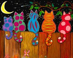 five colorful cats sitting on top of a wooden fence under a full moon and stars