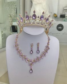 Jewelry For Sweet 16, Rapunzel Quinceanera Crown, Tangled Quinceanera Crown, Light Purple Quinceanera Crown, Sweet 16 Makeup Lavender, Sweet 16 Lavender Dresses, Lavender Crown Quince, Rapunzel Quinceanera Theme Tiara, Purple Surprise Dance Outfit