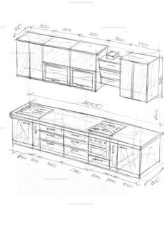 two drawings of kitchen cabinets with drawers and cupboards