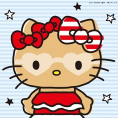 an image of a hello kitty with red bow on her head and stars in the background