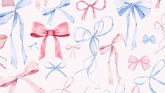 watercolor bows and ribbons on a white background with pink, blue, and red colors