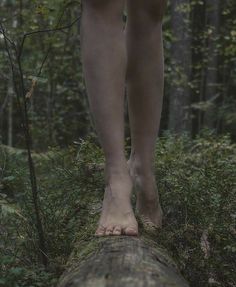 a person standing on a log in the woods