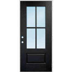 a black door with three panes of glass on the top and bottom panel, in front of a white background