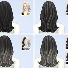 four different views of the back of a woman's head with long, wavy hair