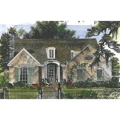 this is an artist's rendering of a house in the country style with lots of windows and shutters