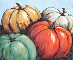 an oil painting of three pumpkins on a blue background