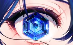 an anime character's eye with blue hair and eyeshade looking into the camera