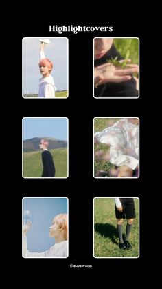 four different images of people standing in the grass with one person holding something up to their head