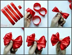 step by step instructions on how to make an origami bow with ribbon and scissors