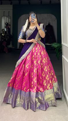 Look amazing adorning rani pink color jacquard silk lehenga choli with beautiful zari weaving work.
Specially made for women to wear at wedding, festival, parties and special ocassions. Pink Color Lehenga, Pattu Lehenga, South Wedding, Indian Lehenga Choli, Rani Pink