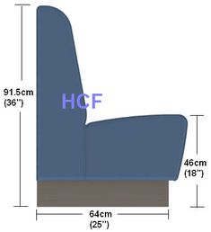 a blue chair with measurements for the back and footrests, including an hfc logo