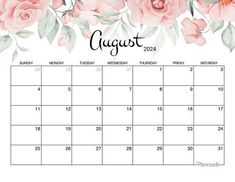 a calendar with pink flowers on it and the date is august in front of it