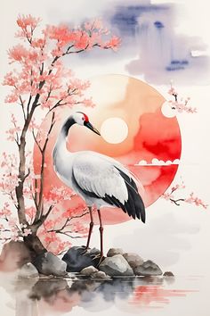 a watercolor painting of a crane standing on rocks in front of a red sun