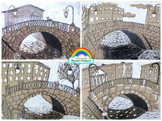 four different pictures of the same bridge with buildings and trees in it, one is drawn on