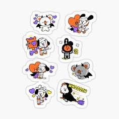 six stickers with various cartoon characters on them, all in different shapes and sizes