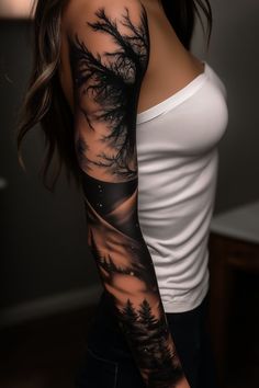 Forest Line Tattoo, Woman Nature Tattoo, Forearm Sleeve Tattoo Women Unique, Night Sky Tattoos For Women, Moody Tattoo Aesthetic, Blackout Tattoo Women, Forest Leg Tattoo, Black Out Tattoo With White Ink, Tree Star Tattoo