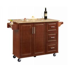 a kitchen island with two drawers and a wine bottle on top