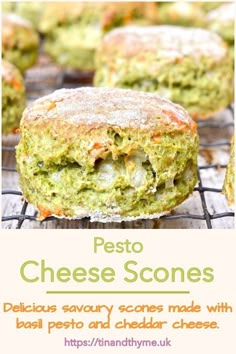 an advertisement for pesto cheese scones on a wire rack with the title below it