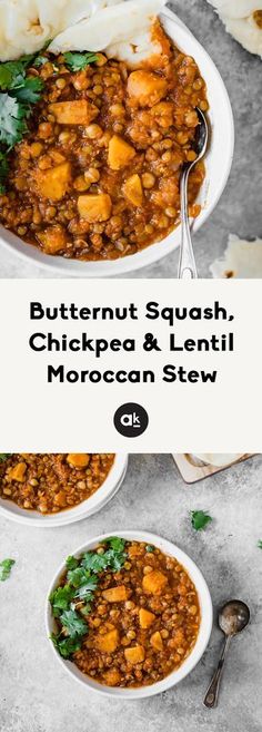 two bowls filled with butternut squash, chickpea and lentil moroccan stew