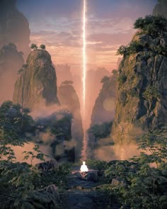 a person standing in the middle of a mountain surrounded by trees and rocks with a light beam above them