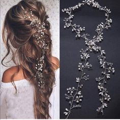 two pictures of the same hair piece, one with flowers on it and another with pearls