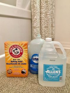 two gallon jugs of detergent, one soap barbeque and the other cleaning products