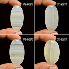 four pictures showing different angles of an oval shaped glass bead, and the size of each bead