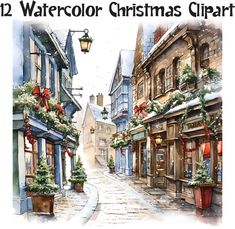 a watercolor christmas clipart is featured in this postcard style image with the words, 12 watercolor christmas clipart