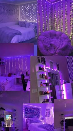 purple and white bedroom with lights on the walls