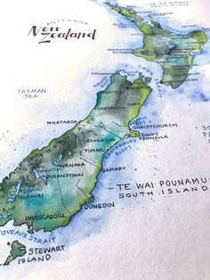 a watercolor map of new zealand with the capital and major cities on it's side