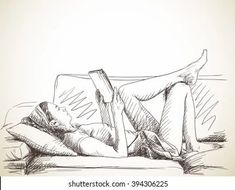 a drawing of a woman laying on a couch reading a book with her legs crossed