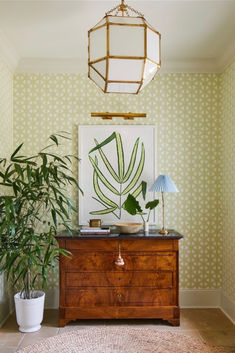 a living room with green wallpaper and a plant on top of a dresser next to a lamp