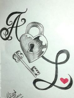 a drawing of a lock with a heart and key attached to it, as well as the letter a