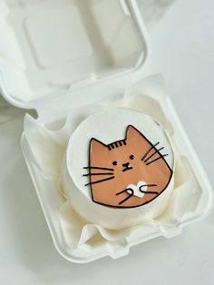 an orange and white cat is in a plastic container