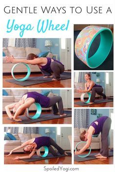 a woman doing yoga exercises on a mat with the words gentle ways to use a yoga wheel