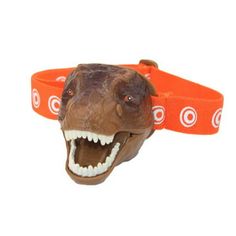 a dinosaur head with an orange belt around it's neck and teeth on the side