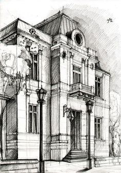 a drawing of a building on the corner of a street with a lamp post in front of it