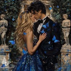 a painting of a man and woman kissing in front of blue butterflies on the ground