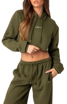 Rock a casual-cool vibe in this staple cotton-blend hoodie designed in a modern cropped silhouette. Drawstring hood 50% cotton, 50% polyester Machine wash, dry flat Imported Merch Shoot, Pigeon Nest, Hoodie Model, Wide Leg Sweatpants, Fall Clothes, Crop Hoodie, Swimwear Dress, Runway Trends, Rock A